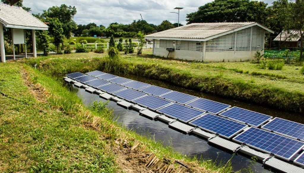 The solar farm for green energy in the pond